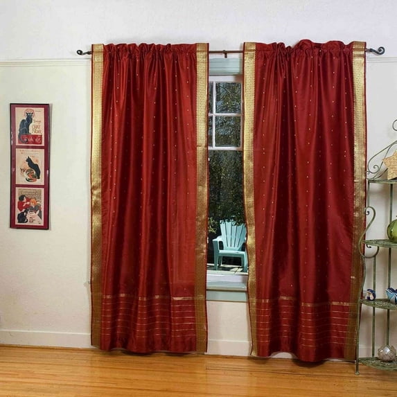 Lined Rod Pocket Sari Curtains 80" W x 96" L matching tieback Handcrafted Rust Indian Drapes with Lining Offering Privacy and Insulation Perfect for Living/Bedroom/Dining Room Sold in Pair