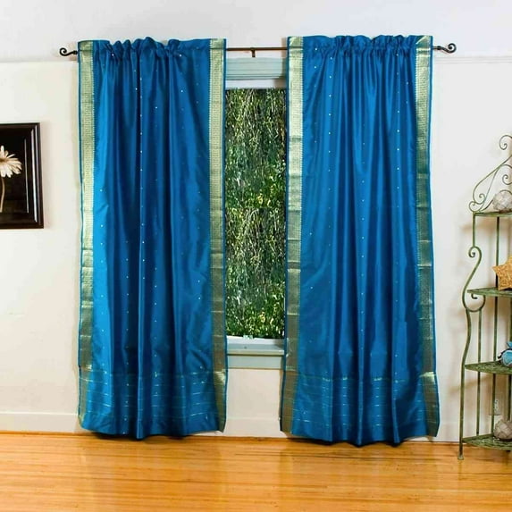 Lined Rod Pocket Sari Curtains 80" W x 96" L matching tieback Handcrafted Turquoise Indian Drapes with Lining Offering Privacy and Insulation Perfect for Living/Bedroom/Dining Room Sold in Pair
