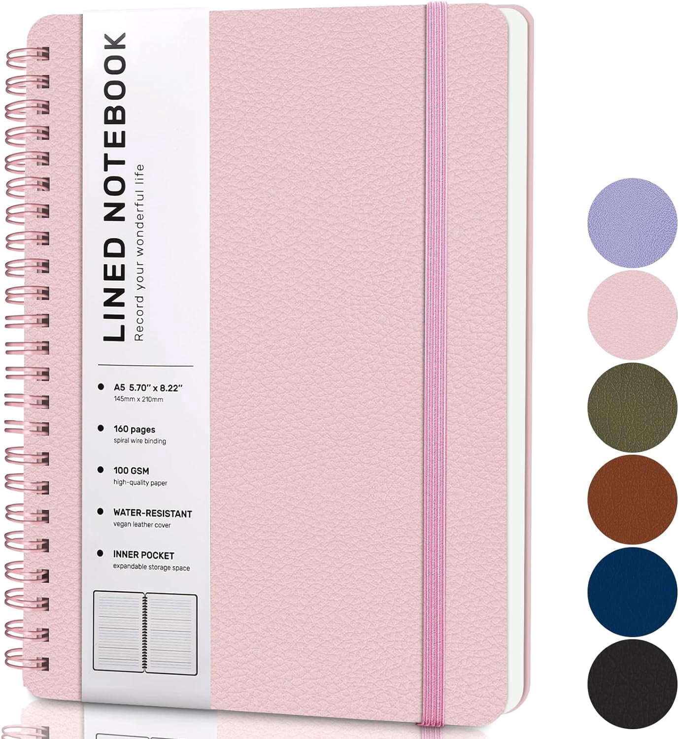 Lined Spiral Journal Notebook with 160 Pages, 8×5.7in, A5 Notebook, Journaling Notebooks for Work, School, Women, Men, College Ruled Hardcover Leather Journals, Pink