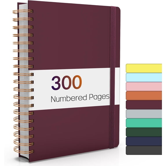 Lined Spiral Journal Notebook with 300 Numbered Pages, B5 College Ruled Thick Journals for Writing with 100GSM Paper, Hardcover Notebooks with Contents for Work, School, Women, Men, Burgundy