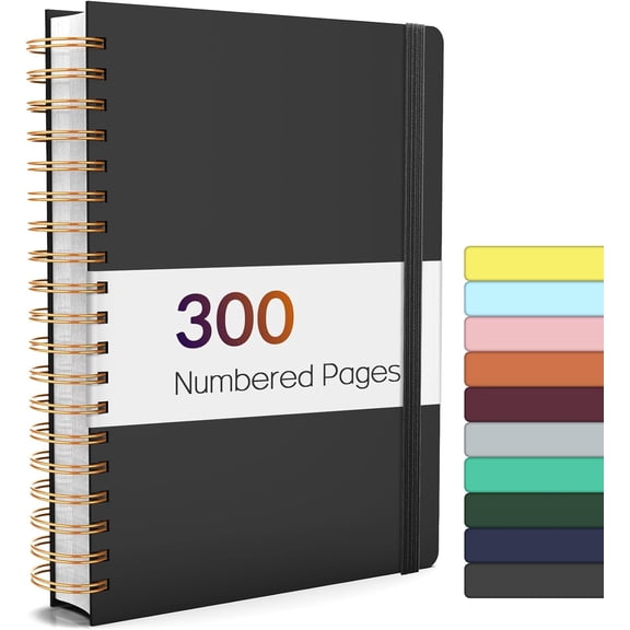 Lined Spiral Journal Notebook with 300 Numbered Pages, B5 College Ruled Thick Journals for Writing with 100GSM Paper, Hardcover Notebooks with Contents for Work, School, Women, Men, Black
