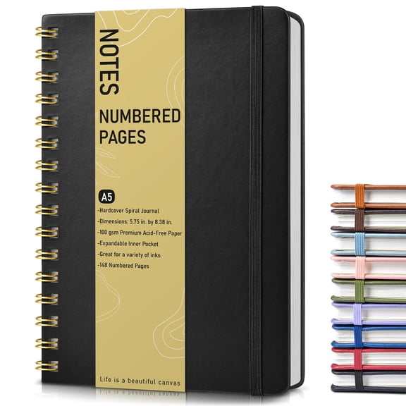Lined Spiral Journal Notebook, A5 Hardcover Spiral Journals for Women Men, 150 Numbered Pages Spiral Bound Notebook, 100 GSM College Ruled Notebooks for Work, Note Taking 5.75" x 8.38"