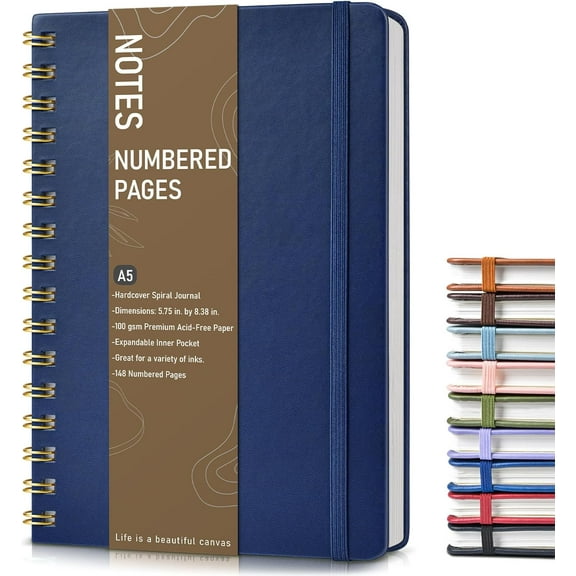 Lined Spiral Journal Notebook, A5 Hardcover Spiral Journals for Women Men, 150 Numbered Pages Spiral Bound Notebook, 100 GSM College Ruled Notebooks for Work, Note Taking 5.75" x 8.38"