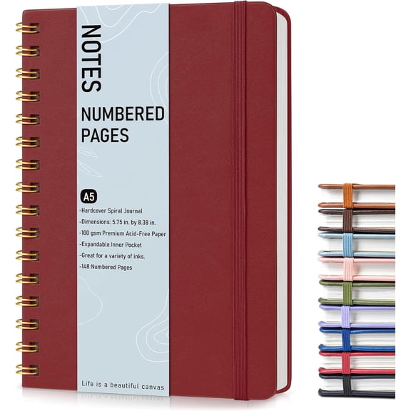 Lined Spiral Journal Notebook, A5 Hardcover Spiral Journals for Women Men, 150 Numbered Pages Spiral Bound Notebook, 100 GSM College Ruled Notebooks for Work, Note Taking 5.75" x 8.38"