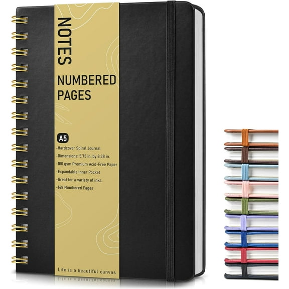 Lined Spiral Journal Notebook, A5 Hardcover Spiral Journals for Women Men, 150 Numbered Pages Spiral Bound Notebook, 100 GSM College Ruled Notebooks for Work, Note Taking 5.75" x 8.38"