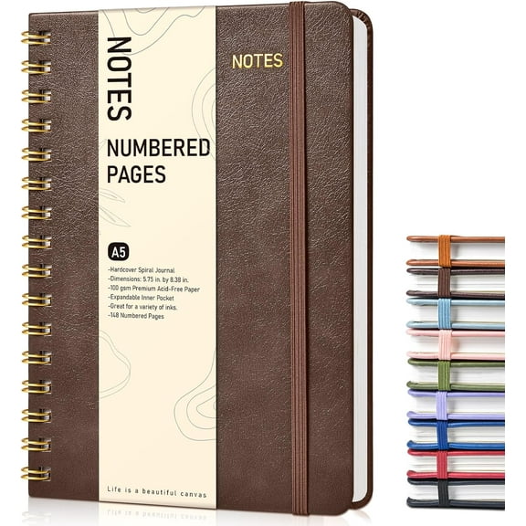Lined Spiral Journal Notebook, A5 Hardcover Spiral Journals for Women Men, 150 Numbered Pages Spiral Bound Notebook, 100 GSM College Ruled Notebooks for Work, Note Taking 5.75" x 8.38"
