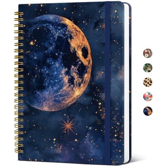 Lined Spiral Journal Notebook for Women, A5 Cute College Ruled Hardcover Notebook for Work & Note Taking, Pretty Journal for Writing, 140 Pages, Lunar Light