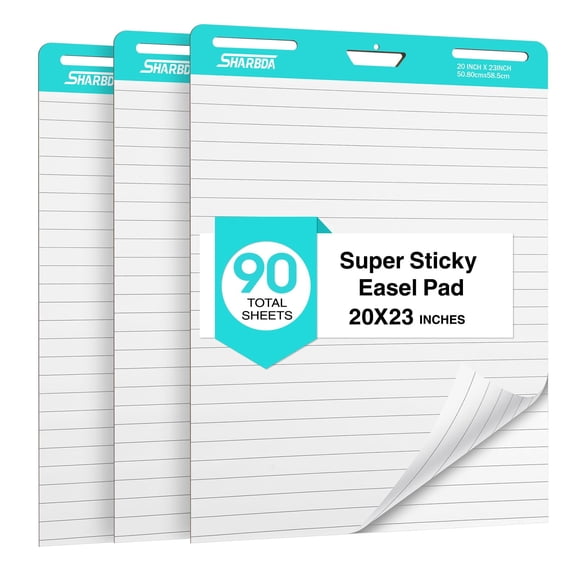 Lined Sticky Easel Pad, 15 * 18 inch,Self-Stick Flip Chart Paper, Super Adhesive & Bleed-Resistant,Micro-Perforated Tear,Classroom Teacher Office Presentation Pads,3 Pads/Pack,90Sheets