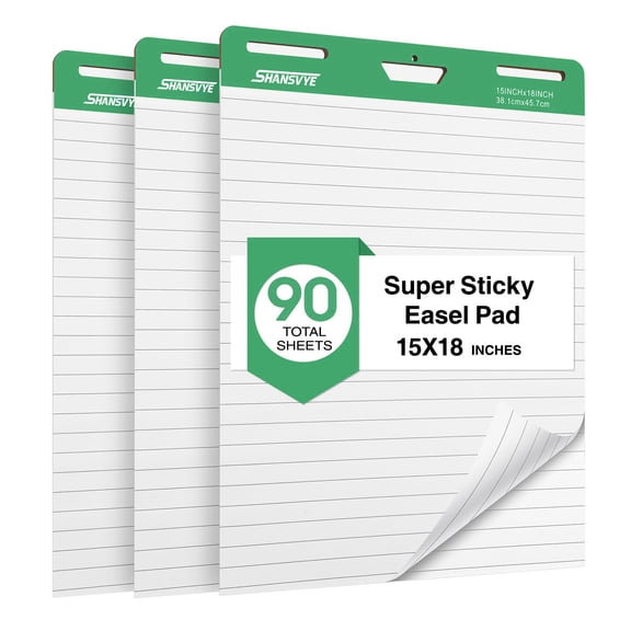 Lined Sticky Easel Pad, 15 * 18 inch,Self-Stick Flip Chart Paper, Super Adhesive & Bleed-Resistant,Micro-Perforated Tear,Classroom Teacher Office Presentation Pads,3 Pads/Pack,90Sheets