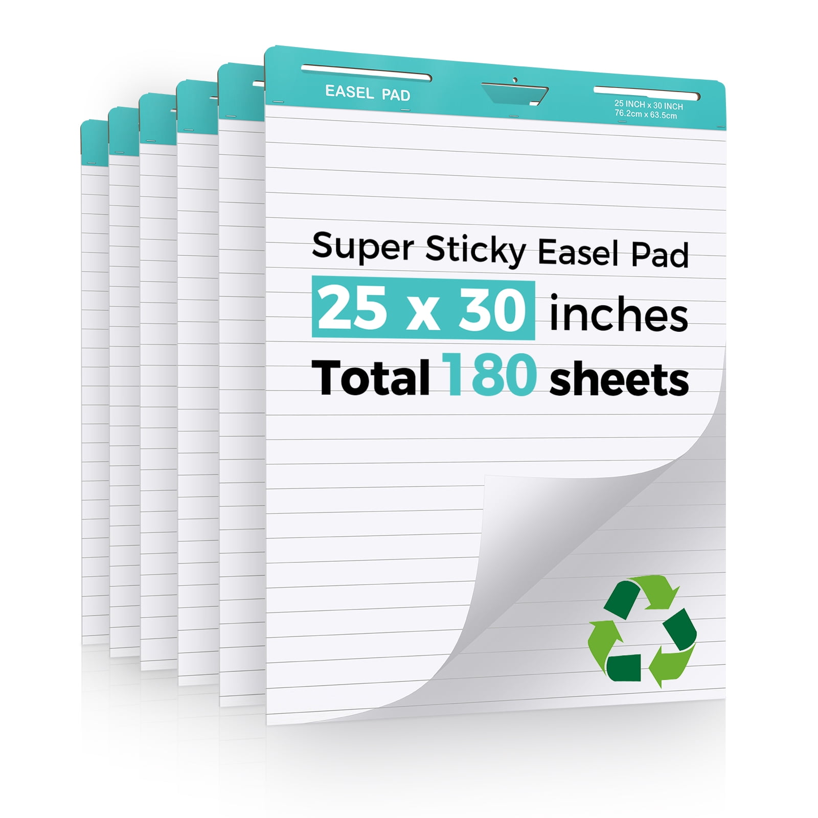 Lined Sticky Easel Pad, 25 x 30 Inch, White, 30 Sheets/Pad, 6 Pads/Pack, Flip Chart Paper for Teachers,Large Self-Stick Easel Paper, Super Sticking Power & Bleed-Resistant