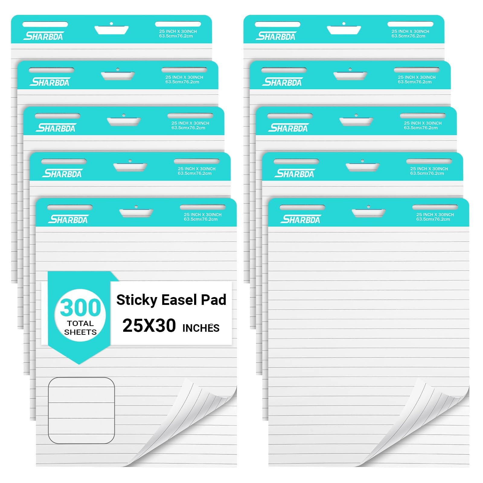 Lined Sticky Easel Pad, 25 in x 30 in,Flip Chart Paper,Sticky Chart Paper for Teachers, Large Self-Stick Easel Paper,Super Sticky & Bleed-Resistant,30 Sheets/Pad,10 Pads