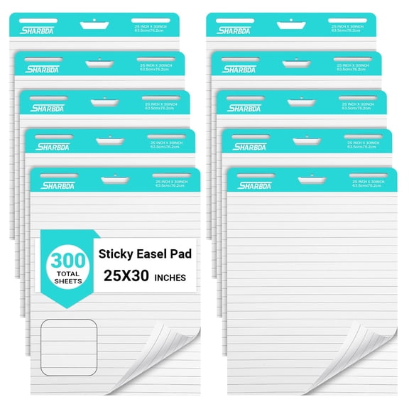 Lined Sticky Easel Pad, 25 in x 30 in,Flip Chart Paper,Sticky Chart Paper for Teachers, Large Self-Stick Easel Paper,Super Sticky & Bleed-Resistant,30 Sheets/Pad,10 Pads