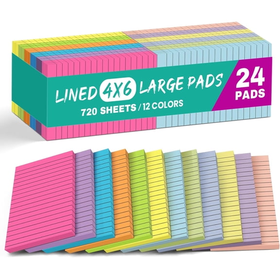 Lined Sticky Notes, 24 Pads, 4x6 Inches, Large Sticky Notes with Lines, Memo Note Pads in Multi Colors, 30 Sheets/Pad, Super Sticking Power for Office  Home & Planning - Bright