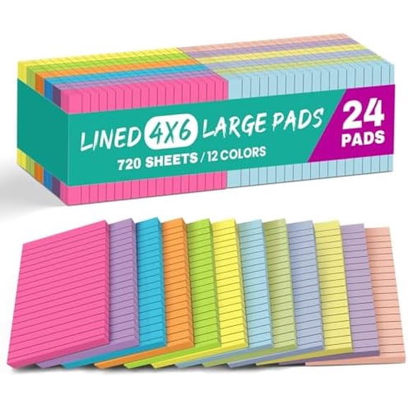Lined Sticky Notes, 24 Pads, 4x6 Inches, Large Sticky Notes with Lines, Memo Note Pads in Multi Colors, 30 Sheets/Pad, Super Sticking Power for Office & Home & Planning - Bright
