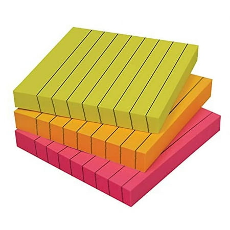 Lined Sticky Notes 3 x 3, 3 Pack, 300 Sheets (100/Pad), Self Stick Notes with Lines, Bright Assorted Colors, by Better Office Products, Post Memos, Strong Adhesive, 3 Pads