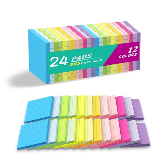 Lined Sticky Notes 3x3 Inch, 24 Pack Ruled Notepads with Strong Adhesive, Office Memo Pads for Windows Doors Notebooks, 12 Bright Colors, Recyclable, Easy to Write On, Multicolor