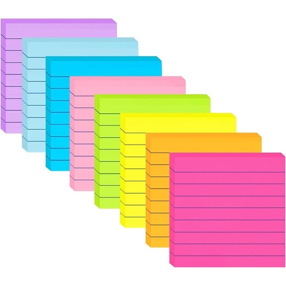 Lined Sticky Notes 3x3 in Post, 8 Colors Self Sticky Notes Pad Its, Bright Post Stickies Colorful Big Rectangular Sticky Notes Ruled Stickies for Office, Home, Meeting, 82 Sheets/pad(8 Pads)