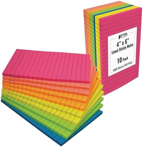 Lined Sticky Notes, 4 x 6, 10 Pack, 500 Sheets (50/Pad), Self Stick ...
