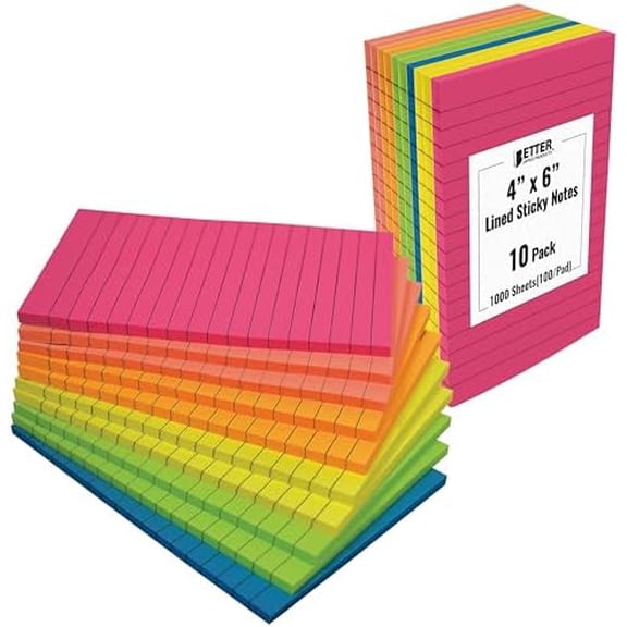 Lined Sticky Notes, 4 x 6, 10 Pack, 500 Sheets (50/Pad), Self Stick Notes with Lines, 6 Bright Assorted Colors, Post Memos, Strong Adhesive, 10 Pads$$Office