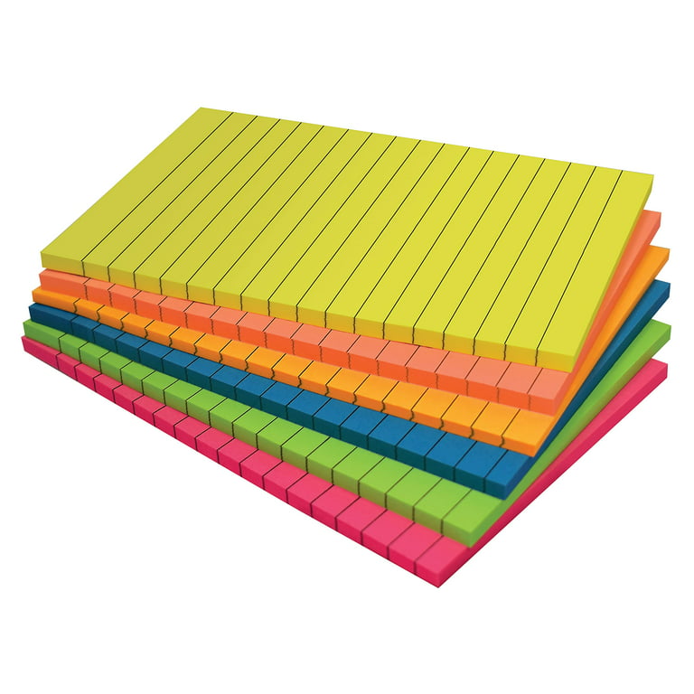 Lined Sticky Notes, 4 x 6, 6 Pack, 300 Sheets (50/Pad), Self Stick Notes with Lines, 6 Bright Assorted Colors, by Better Office Products, Post Memos