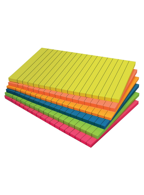 Lined Sticky Notes, 4 x 6, 6 Pack, 300 Sheets (50/Pad), Self Stick Notes with Lines, 6 Bright Assorted Colors, by Better
