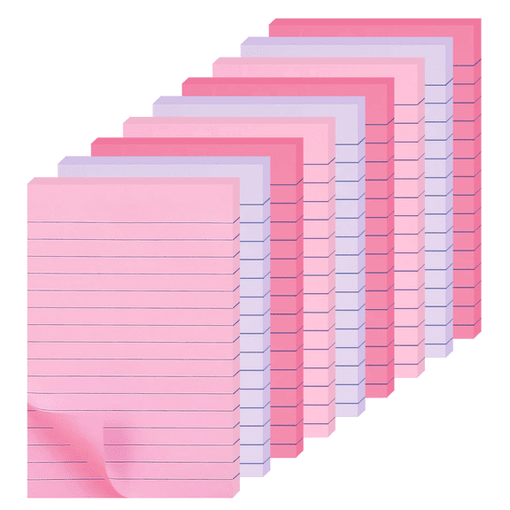 Lined Sticky Notes 4x6 Inch, Large Ruled Post Sticky Colorful Memo Pads, Strong Adhesive for Wall, Desk, Monitor, Super Sticking Power for Office Home Reminders, 9 Pack, Pink