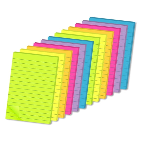 Lined Sticky Notes 4x6 Inch, Ruled Large Notepads with Super Sticking Power, Bright Multicolor Memo Pads for Office, Ideal for Windows Doors and Desktop Organization, 12 Pack, Multicolor