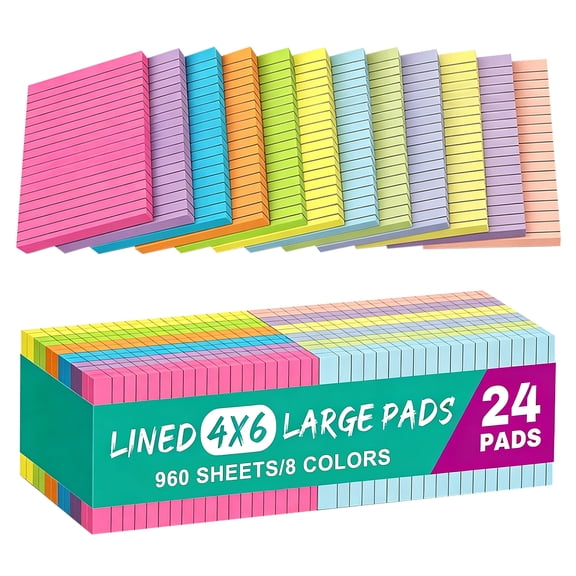 Lined Sticky Notes,RETON 24 Pads, 4x6 Inches, Large Sticky Notes with Lines, Memo Note Pads in Multi Colors,40 Sheets/Pad, Super Sticking Power for Office Home & Planning - Bright