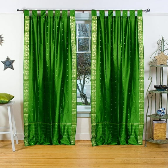 Lined Tab Top Sari Curtains 43"W x 120"L matching tiebacks- Handcrafted Forest Green Indian Drapes with Lining, Offering Privacy and Insulation for Living Room/Bedroom/Dining Room, Sold in Pairs