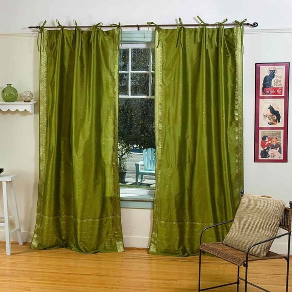 Lined Tie Top Sari Curtains 43" W X 108" L matching tiebacks- Handcrafted Olive Green Indian Drapes with Lining, Offering Privacy and Insulation for Living Room/Bedroom/Dining Room, Sold in Pairs