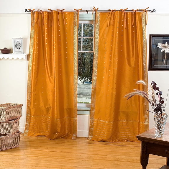 Lined Tie Top Sari Curtains 43" W X 120" L matching tiebacks- Handcrafted Mustard Indian Drapes with Lining, Offering Privacy and Insulation for Living Room/Bedroom/Dining Room, Sold in Pairs