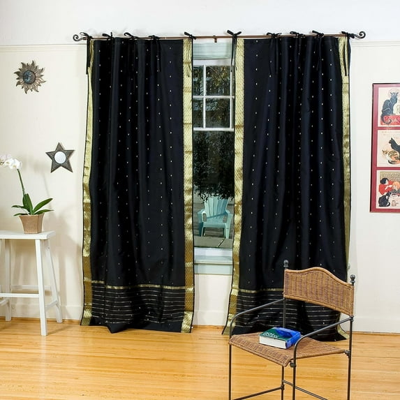 Lined Tie Top Sari Curtains 43"W x 63"L matching tiebacks- Handcrafted Black Indian Drapes with Lining, Offering Privacy and Insulation for Living Room/Bedroom/Dining Room, Sold in Pairs