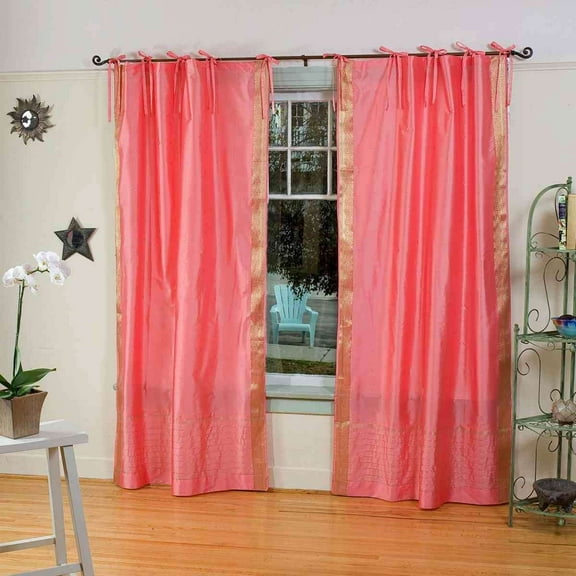 Lined Tie Top Sari Curtains 60" W X 63" L matching tiebacks- Handcrafted Pink Indian Drapes with Lining, Offering Privacy and Insulation for Living Room/Bedroom/Dining Room, Sold in Pairs