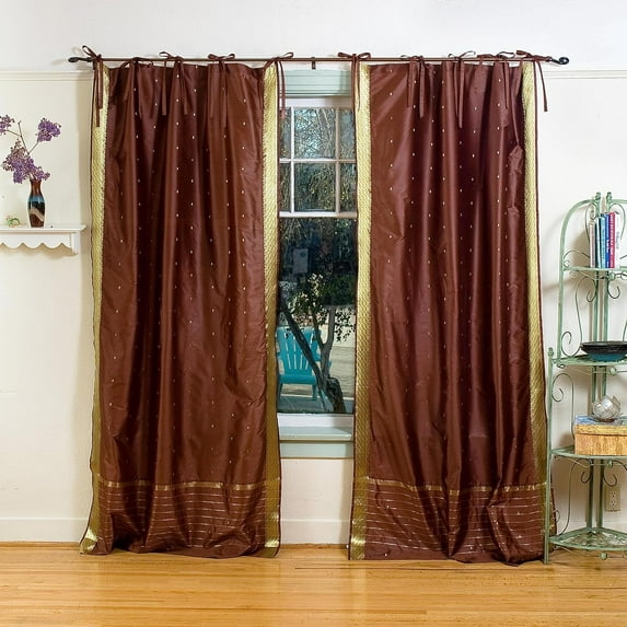 Lined Tie Top Sari Curtains 60" W X 84" L matching tiebacks- Handcrafted Brown Indian Drapes with Lining, Offering Privacy and Insulation for Living Room/Bedroom/Dining Room, Sold in Pairs