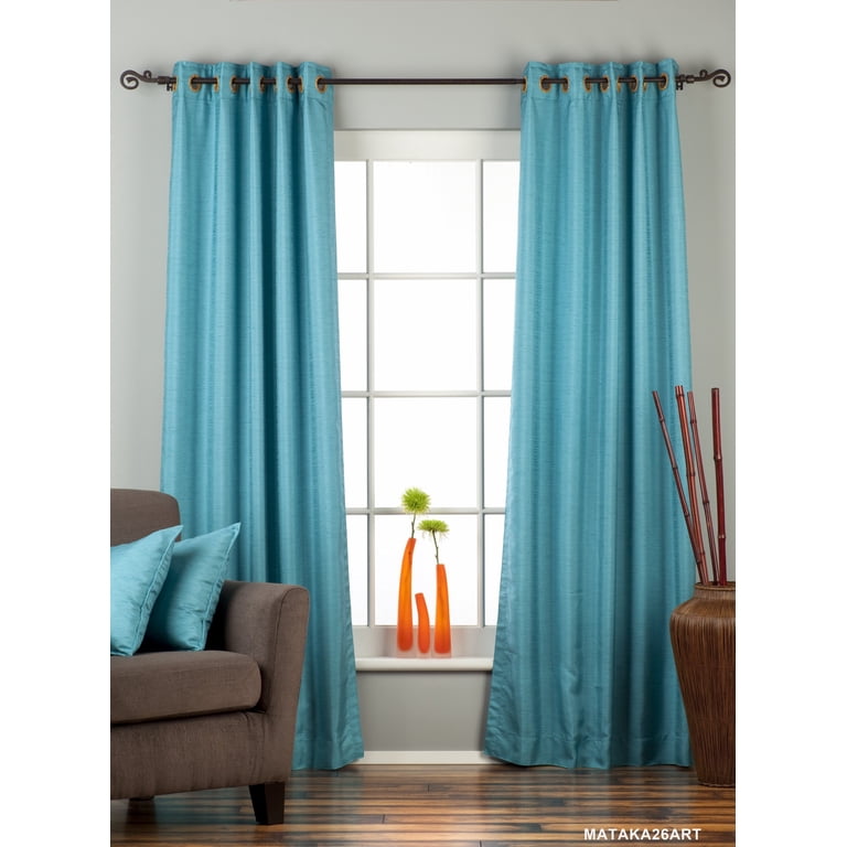 Handmade Turquoise Sari Curtain – Sheer Tie Top Window Drape 80" W X 120" L