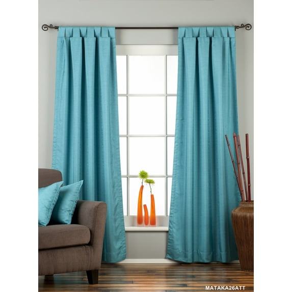 Lined-Turquoise Tab Top Matka Raw Silk Curtain / Drape - 80W x 63L - Piece