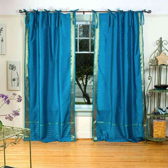 Lined-Turquoise Tie Top Sheer Sari Curtain / Drape - 80W x 96L - Piece