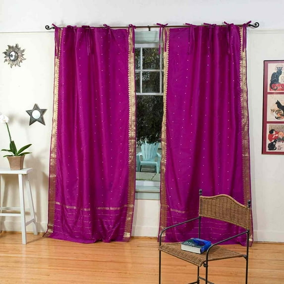 Lined-Violet Red Tie Top Sheer Sari Curtain / Drape - 60W x 96L - Pair