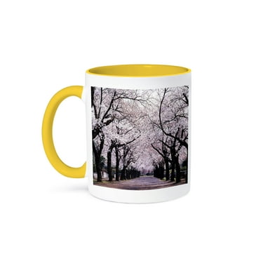 3dRose, Lined With Cherry Blossom Trees, 11oz Two-Tone Yellow Mug