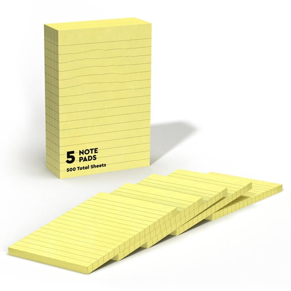 Lined sticky notes, 4x6 inch sticky notes pads, 5 pads with 100 sheets per pad, office supplies, stationery, classroom essentials, work reminders, yellow