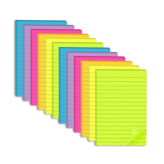 Lined sticky notes 4x6 inches, 12 pack ruled memo pads, super sticky adhesive for office home, bright multicolor, 6 vibrant colors