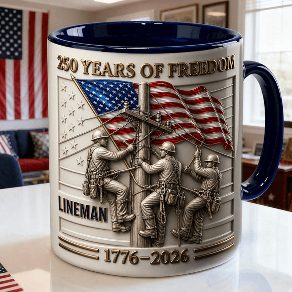 Lineman 250 Years Of Freedom Mug, 3D Effect Patriotic Coffee Cup Gift