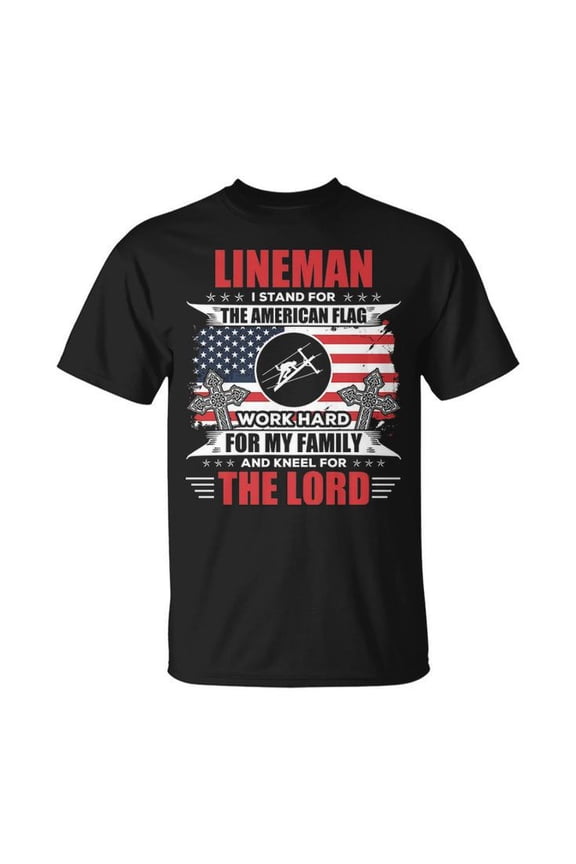 Lineman American Flag Graphic Tee Unisex Adult Cotton Utility Worker Patriotic Design T-Shirt for Worksite Casual Wear, Size M, Color Black