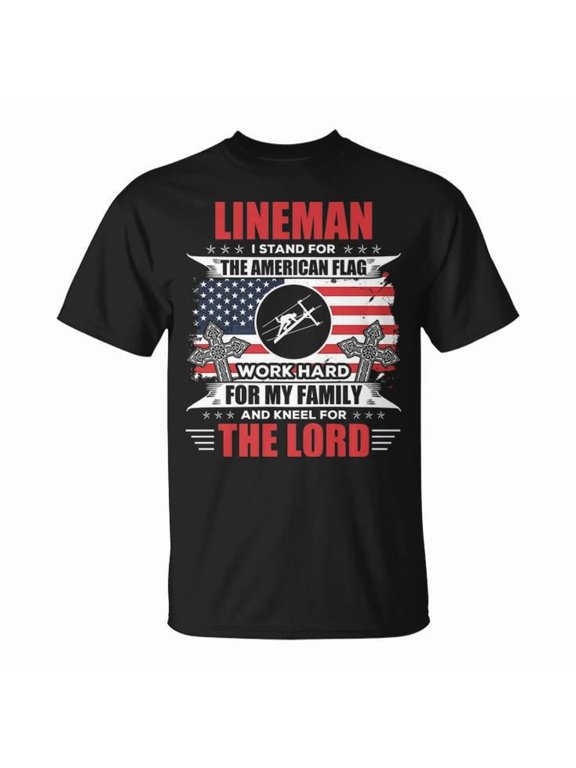 Lineman American Flag Graphic Tee Unisex Adult Cotton Utility Worker Patriotic Design T-Shirt for Worksite Casual Wear, Size S, Color Black