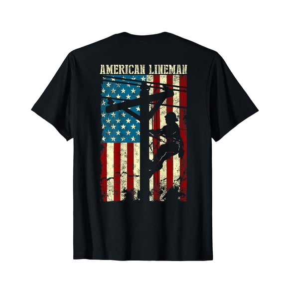 Lineman American flag Electric Cable gift Patriotic Lineman T-Shirt (back)