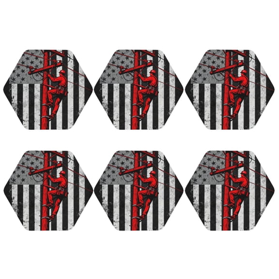 Lineman Pattern Leather Coasters for Drinks Perfect for Living Room, Kitchen, or Outdoor Use Set of 6 Hexagon