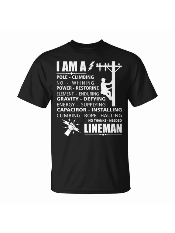 Lineman Pole Climbing Power Worker Graphic Tee Unisex Adult Cotton Shirt for Lineman Professionals Workwear, Size S, Color Black