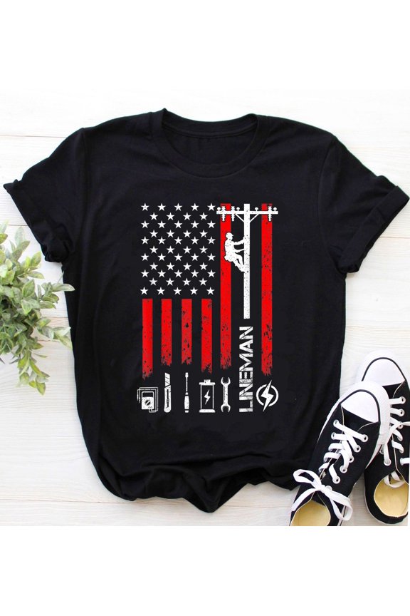 Lineman Shirt / Lineman T-shirt / Lineman Gift / Electrician Shirt / American Lineman USA Flag 4th Of July Patriotic Electrician Shirt