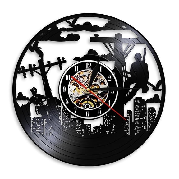 Lineman Silhouette Electrician Wall Clock Line Life Electrical Lineman Utility Worker Vinyl Record Wall Clock Lineworkers Gift Without LED