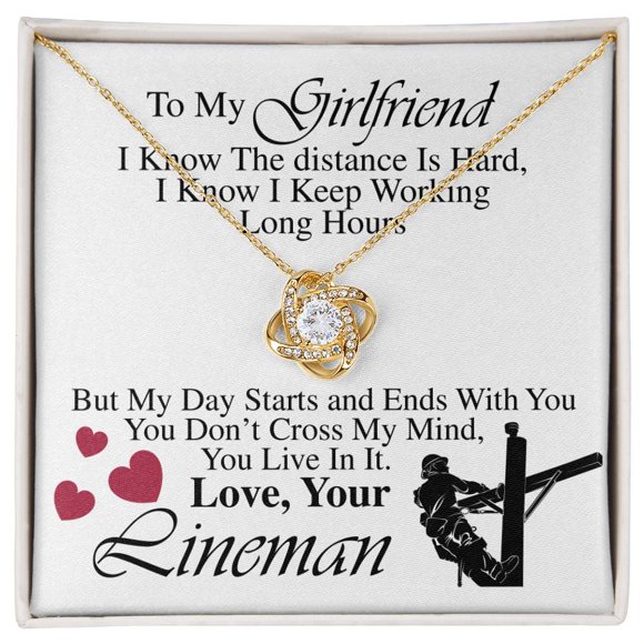 Lineman's Girlfriend - Love Knot Necklace - White/Yellow Plated - Message Card & Gift Box